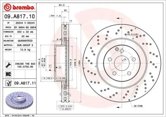 Bremsscheibe Vorderachse BREMBO 09.A817.11 Bild Bremsscheibe Vorderachse BREMBO 09.A817.11