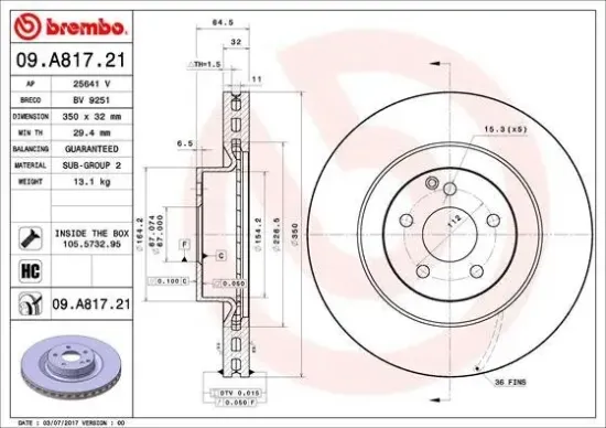 Bremsscheibe Vorderachse BREMBO 09.A817.21 Bild Bremsscheibe Vorderachse BREMBO 09.A817.21