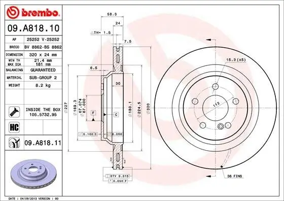 Bremsscheibe Hinterachse BREMBO 09.A818.11