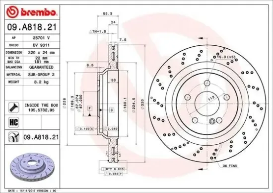 Bremsscheibe Hinterachse BREMBO 09.A818.21 Bild Bremsscheibe Hinterachse BREMBO 09.A818.21