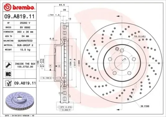Bremsscheibe Vorderachse BREMBO 09.A819.11 Bild Bremsscheibe Vorderachse BREMBO 09.A819.11