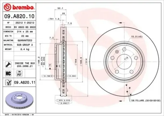 Bremsscheibe Vorderachse BREMBO 09.A820.11 Bild Bremsscheibe Vorderachse BREMBO 09.A820.11