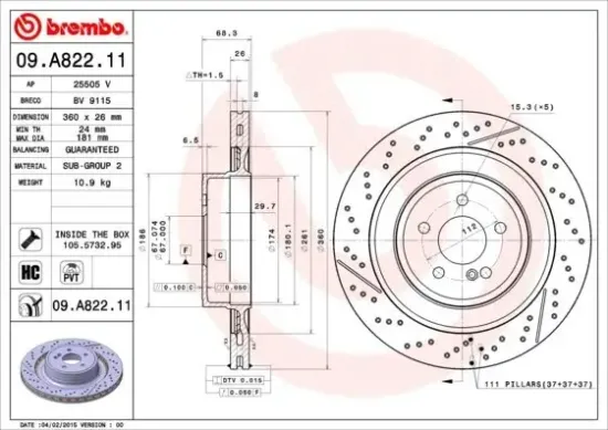 Bremsscheibe Hinterachse BREMBO 09.A822.11 Bild Bremsscheibe Hinterachse BREMBO 09.A822.11