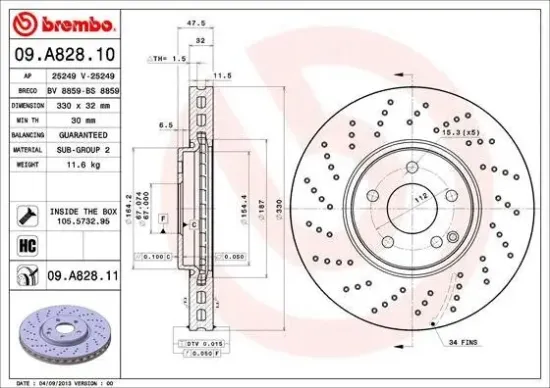 Bremsscheibe Vorderachse BREMBO 09.A828.11 Bild Bremsscheibe Vorderachse BREMBO 09.A828.11
