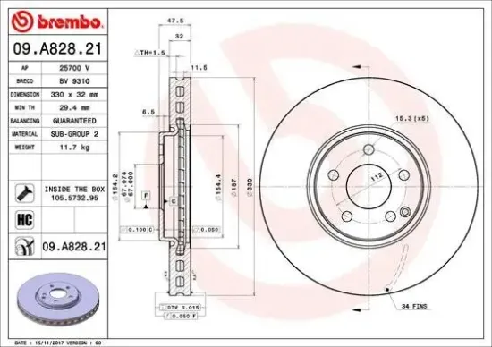 Bremsscheibe Vorderachse BREMBO 09.A828.21 Bild Bremsscheibe Vorderachse BREMBO 09.A828.21