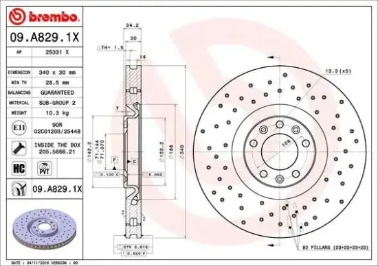 Bremsscheibe Vorderachse BREMBO 09.A829.1X Bild Bremsscheibe Vorderachse BREMBO 09.A829.1X