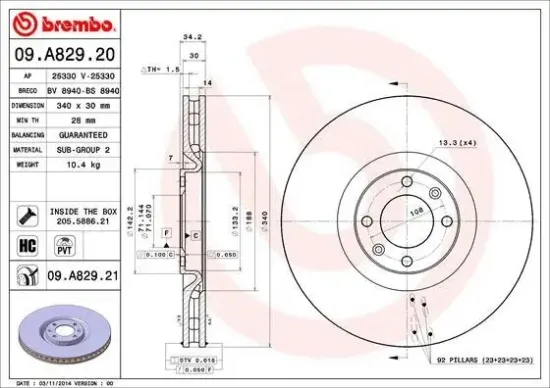 Bremsscheibe Vorderachse BREMBO 09.A829.21 Bild Bremsscheibe Vorderachse BREMBO 09.A829.21