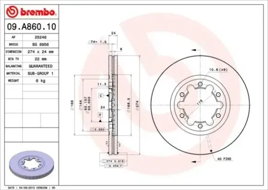 Bremsscheibe Vorderachse BREMBO 09.A860.10 Bild Bremsscheibe Vorderachse BREMBO 09.A860.10