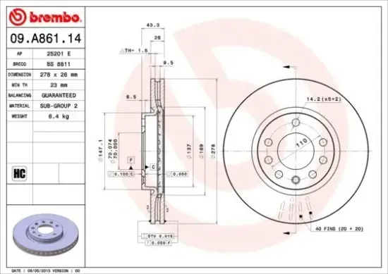 Bremsscheibe Vorderachse BREMBO 09.A861.14 Bild Bremsscheibe Vorderachse BREMBO 09.A861.14