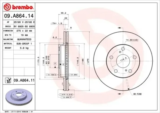 Bremsscheibe BREMBO 09.A864.11 Bild Bremsscheibe BREMBO 09.A864.11