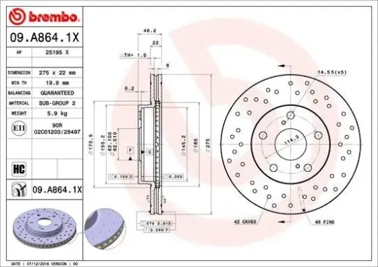 Bremsscheibe Vorderachse BREMBO 09.A864.1X Bild Bremsscheibe Vorderachse BREMBO 09.A864.1X