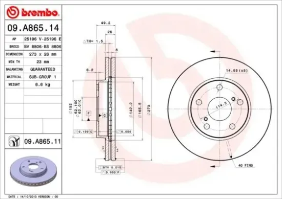 Bremsscheibe Vorderachse BREMBO 09.A865.11 Bild Bremsscheibe Vorderachse BREMBO 09.A865.11