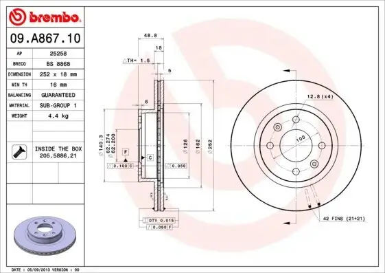 Bremsscheibe BREMBO 09.A867.10 Bild Bremsscheibe BREMBO 09.A867.10