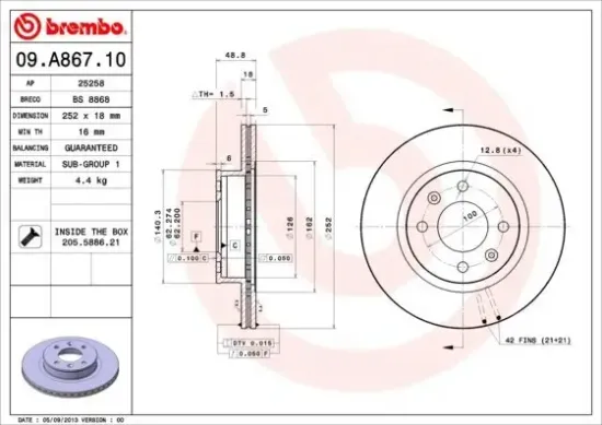 Bremsscheibe Vorderachse BREMBO 09.A867.10 Bild Bremsscheibe Vorderachse BREMBO 09.A867.10