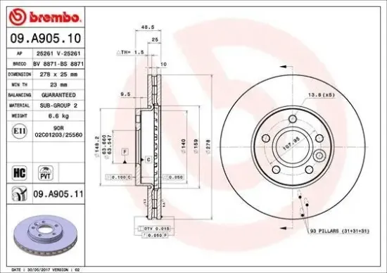 Bremsscheibe Vorderachse BREMBO 09.A905.11 Bild Bremsscheibe Vorderachse BREMBO 09.A905.11