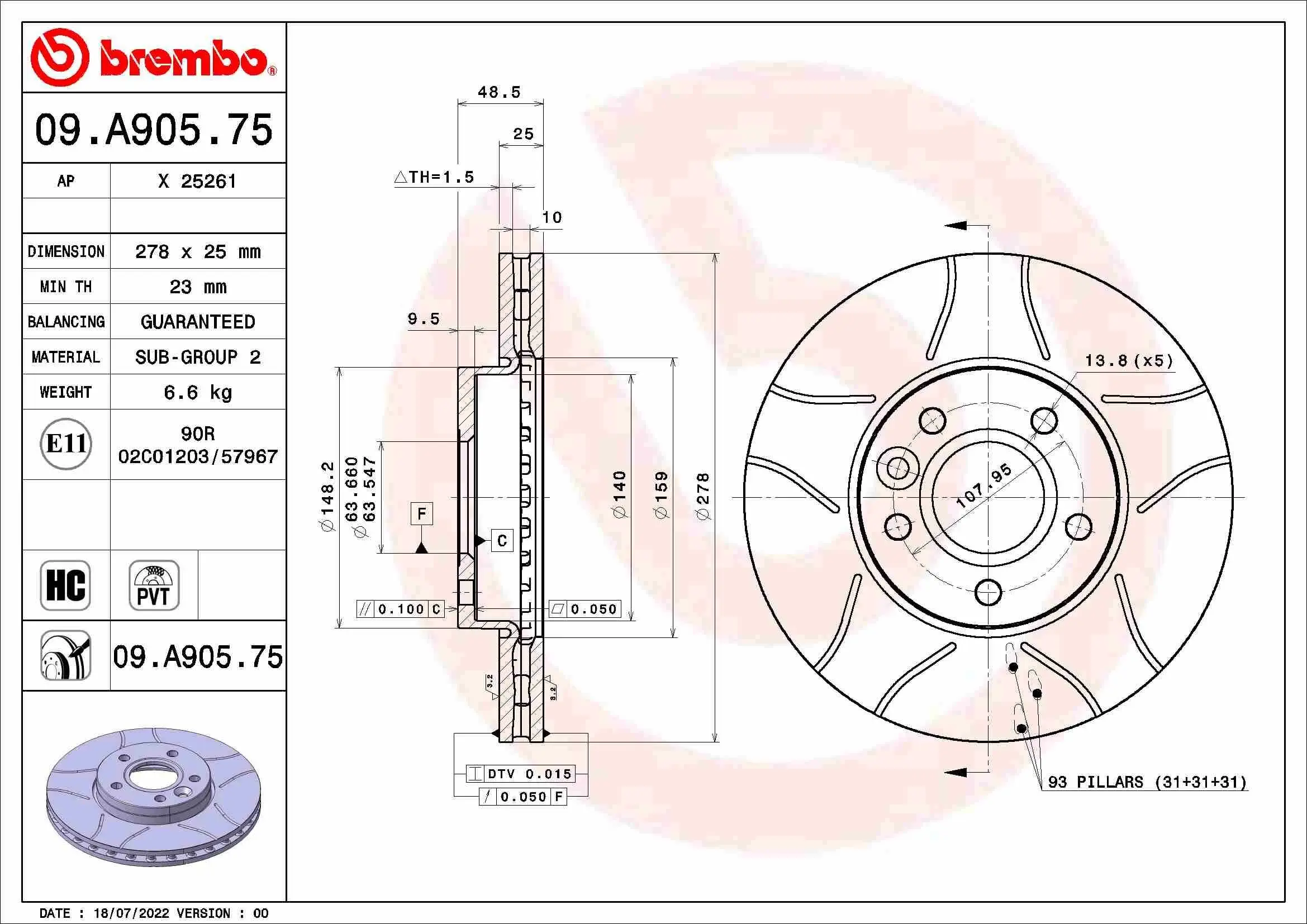 Bremsscheibe Vorderachse BREMBO 09.A905.75