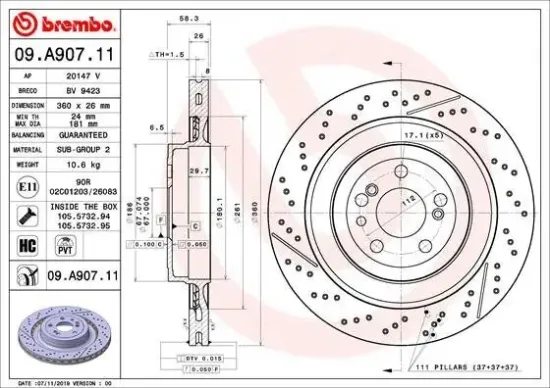 Bremsscheibe Hinterachse BREMBO 09.A907.11 Bild Bremsscheibe Hinterachse BREMBO 09.A907.11