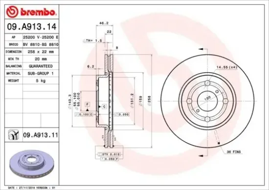 Bremsscheibe Vorderachse BREMBO 09.A913.11 Bild Bremsscheibe Vorderachse BREMBO 09.A913.11