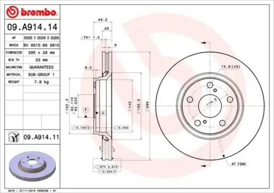 Bremsscheibe Vorderachse BREMBO 09.A914.11 Bild Bremsscheibe Vorderachse BREMBO 09.A914.11