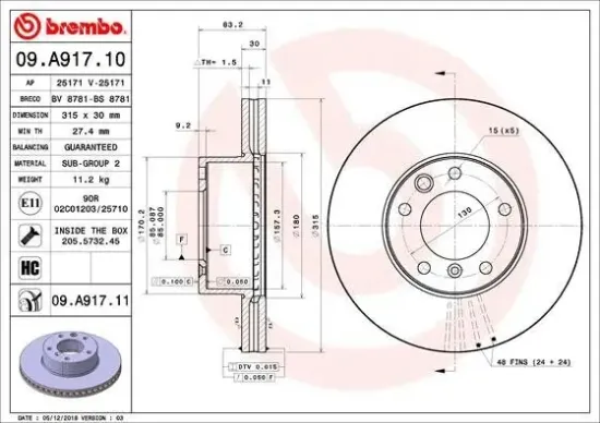Bremsscheibe Vorderachse BREMBO 09.A917.11 Bild Bremsscheibe Vorderachse BREMBO 09.A917.11