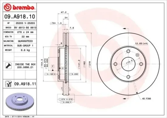 Bremsscheibe Vorderachse BREMBO 09.A918.11 Bild Bremsscheibe Vorderachse BREMBO 09.A918.11