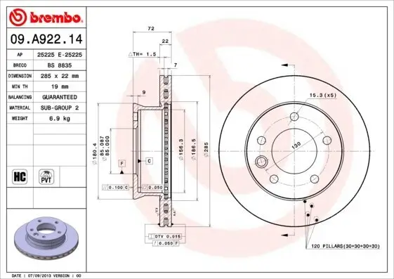Bremsscheibe Vorderachse BREMBO 09.A922.14