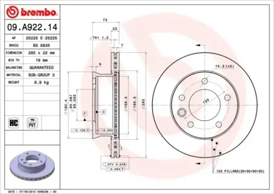 Bremsscheibe Vorderachse BREMBO 09.A922.14 Bild Bremsscheibe Vorderachse BREMBO 09.A922.14