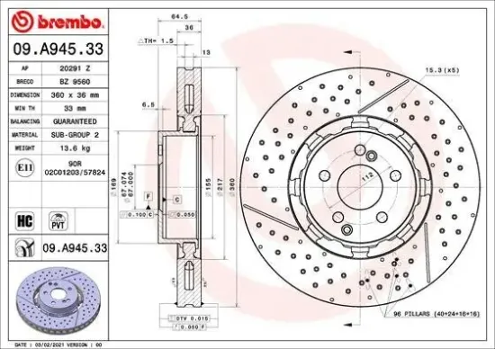 Bremsscheibe Vorderachse BREMBO 09.A945.33 Bild Bremsscheibe Vorderachse BREMBO 09.A945.33