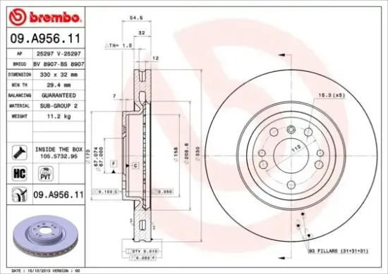 Bremsscheibe Vorderachse BREMBO 09.A956.11 Bild Bremsscheibe Vorderachse BREMBO 09.A956.11