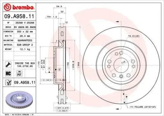 Bremsscheibe Vorderachse BREMBO 09.A958.11 Bild Bremsscheibe Vorderachse BREMBO 09.A958.11