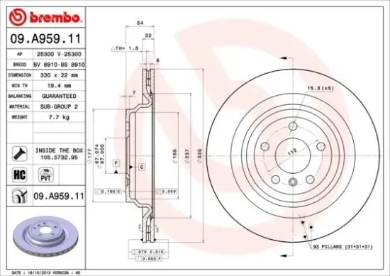 Bremsscheibe Hinterachse BREMBO 09.A959.11 Bild Bremsscheibe Hinterachse BREMBO 09.A959.11