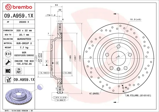 Bremsscheibe Hinterachse BREMBO 09.A959.1X Bild Bremsscheibe Hinterachse BREMBO 09.A959.1X