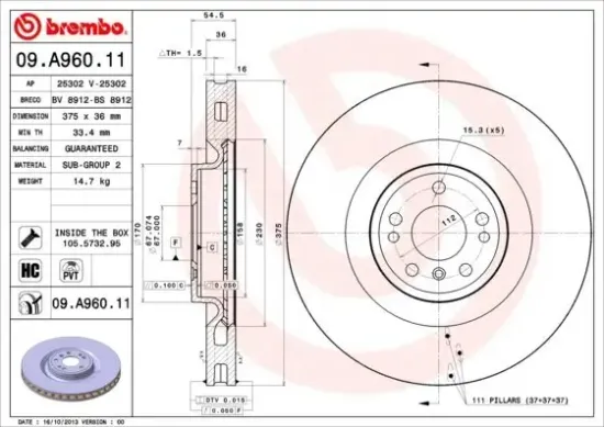 Bremsscheibe Vorderachse BREMBO 09.A960.11 Bild Bremsscheibe Vorderachse BREMBO 09.A960.11