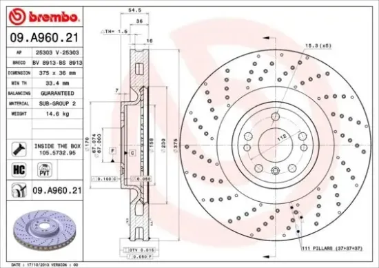 Bremsscheibe Vorderachse BREMBO 09.A960.21 Bild Bremsscheibe Vorderachse BREMBO 09.A960.21