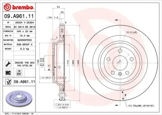 Bremsscheibe BREMBO 09.A961.11 Bild Bremsscheibe BREMBO 09.A961.11