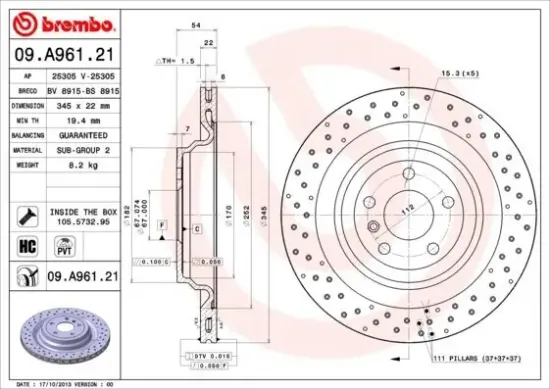Bremsscheibe Hinterachse BREMBO 09.A961.21 Bild Bremsscheibe Hinterachse BREMBO 09.A961.21