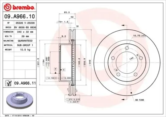 Bremsscheibe Vorderachse BREMBO 09.A966.11 Bild Bremsscheibe Vorderachse BREMBO 09.A966.11