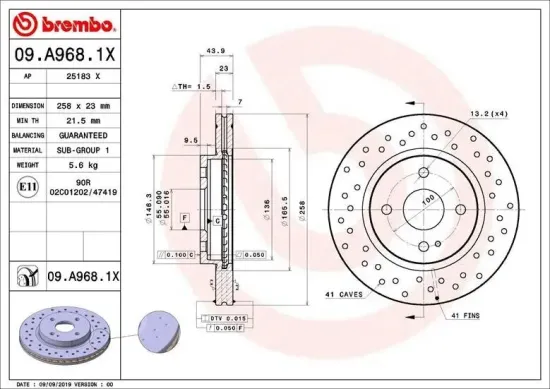 Bremsscheibe Vorderachse BREMBO 09.A968.1X Bild Bremsscheibe Vorderachse BREMBO 09.A968.1X