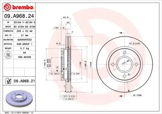 Bremsscheibe Vorderachse BREMBO 09.A968.21 Bild Bremsscheibe Vorderachse BREMBO 09.A968.21