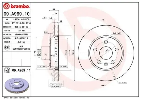 Bremsscheibe Vorderachse BREMBO 09.A969.11 Bild Bremsscheibe Vorderachse BREMBO 09.A969.11