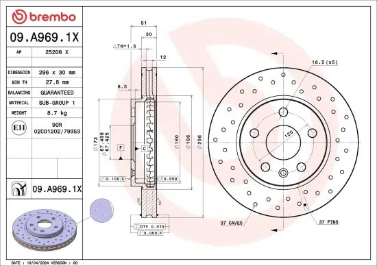 Bremsscheibe Vorderachse BREMBO 09.A969.1X Bild Bremsscheibe Vorderachse BREMBO 09.A969.1X