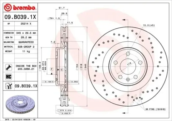Bremsscheibe Vorderachse BREMBO 09.B039.1X Bild Bremsscheibe Vorderachse BREMBO 09.B039.1X