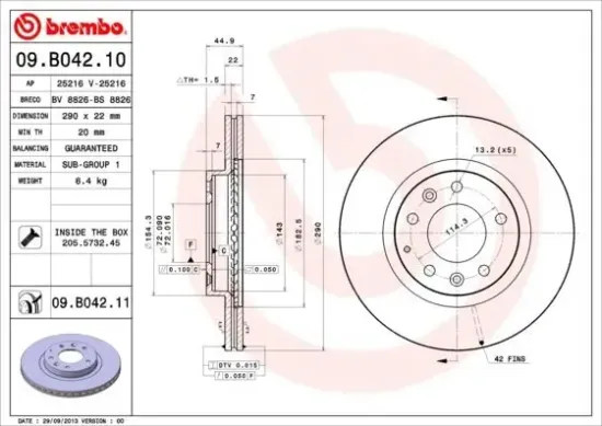 Bremsscheibe Vorderachse BREMBO 09.B042.11 Bild Bremsscheibe Vorderachse BREMBO 09.B042.11