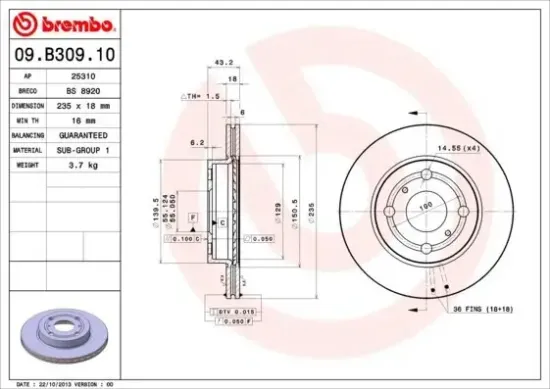 Bremsscheibe Vorderachse BREMBO 09.B309.10 Bild Bremsscheibe Vorderachse BREMBO 09.B309.10