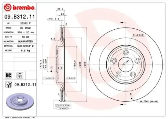 Bremsscheibe Hinterachse BREMBO 09.B312.11 Bild Bremsscheibe Hinterachse BREMBO 09.B312.11