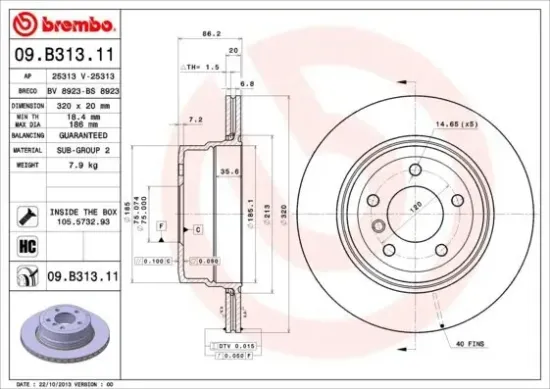 Bremsscheibe Hinterachse BREMBO 09.B313.11 Bild Bremsscheibe Hinterachse BREMBO 09.B313.11