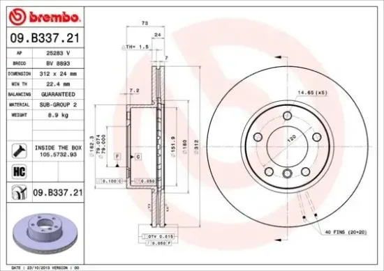 Bremsscheibe Vorderachse BREMBO 09.B337.21 Bild Bremsscheibe Vorderachse BREMBO 09.B337.21