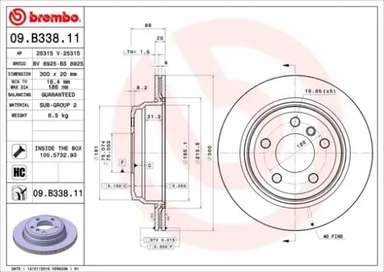 Bremsscheibe Hinterachse BREMBO 09.B338.11 Bild Bremsscheibe Hinterachse BREMBO 09.B338.11
