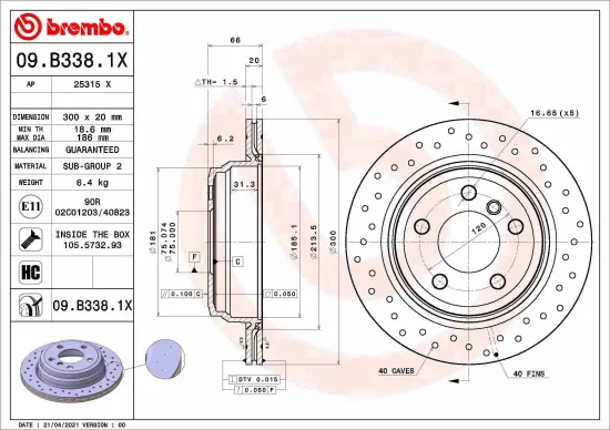 Bremsscheibe Hinterachse BREMBO 09.B338.1X Bild Bremsscheibe Hinterachse BREMBO 09.B338.1X