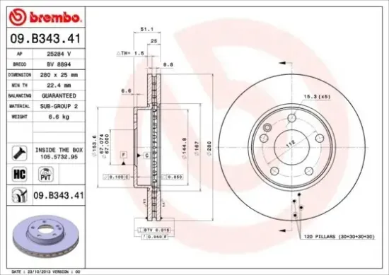 Bremsscheibe Vorderachse BREMBO 09.B343.41 Bild Bremsscheibe Vorderachse BREMBO 09.B343.41